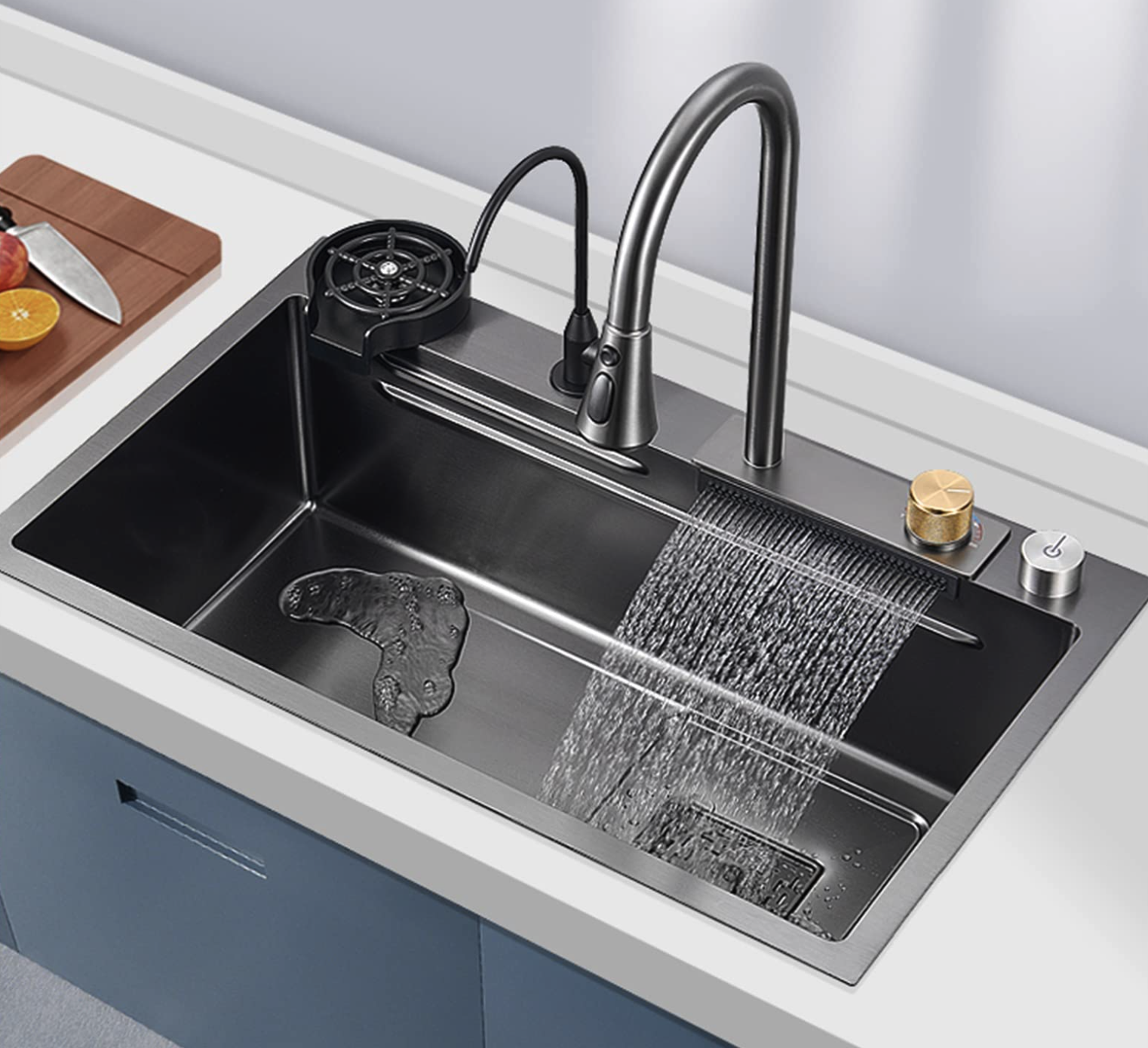 kitchen sink in a modern kitchen, the water is running