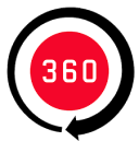 the number 360 on a red circle surrounded by a circular arrow