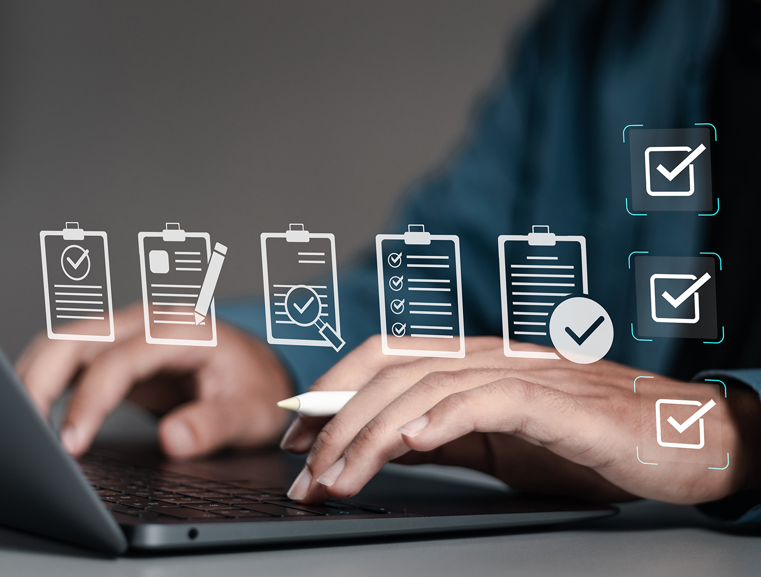 Businessman using laptop with document online for approve quality assurance and ERP management, Quality management with assurance, Quality control and improvement.