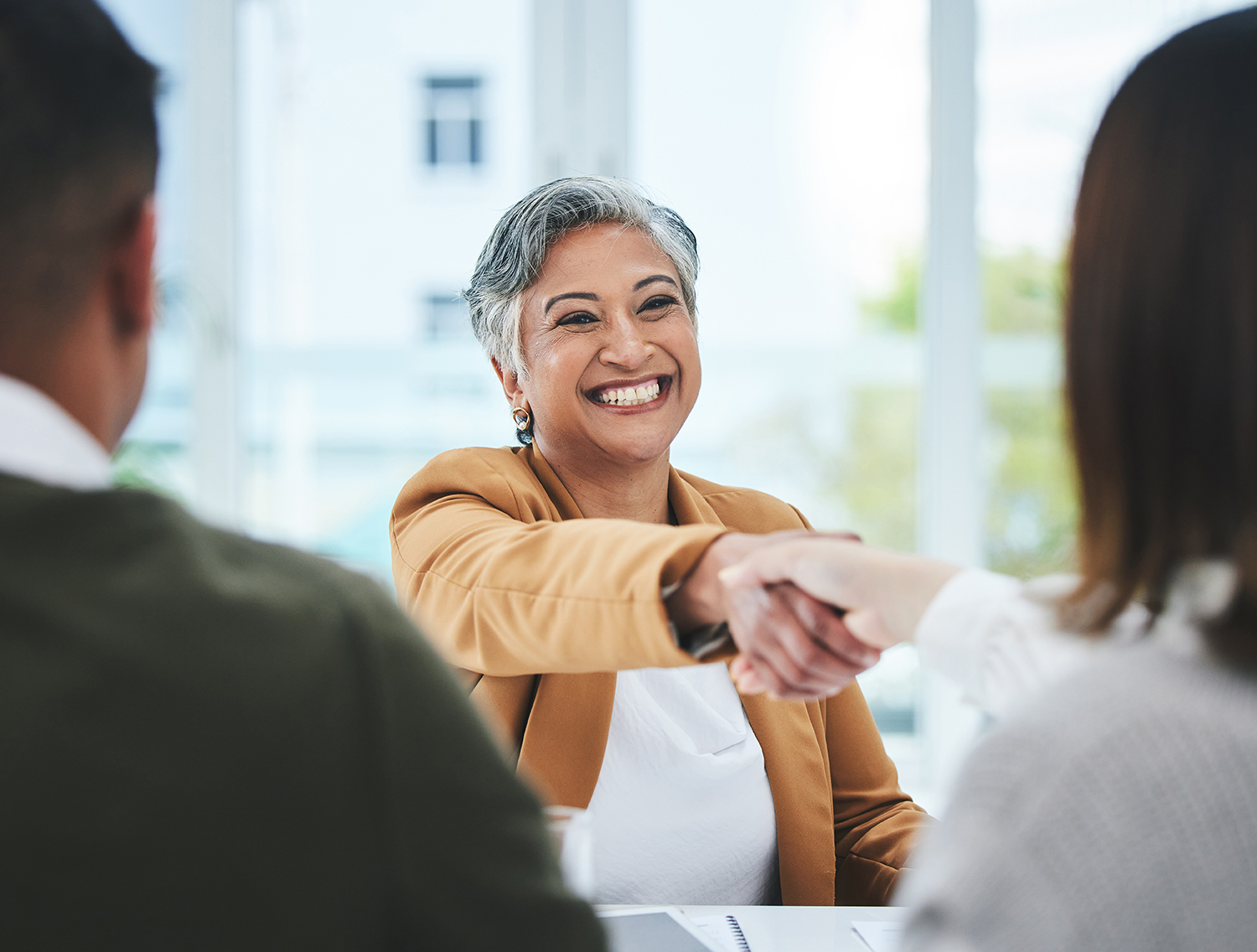 Handshake, job interview or business people with a happy mature woman for partnership in office. We are hiring, smile or business people shaking hands for success, promotion or negotiation in meeting